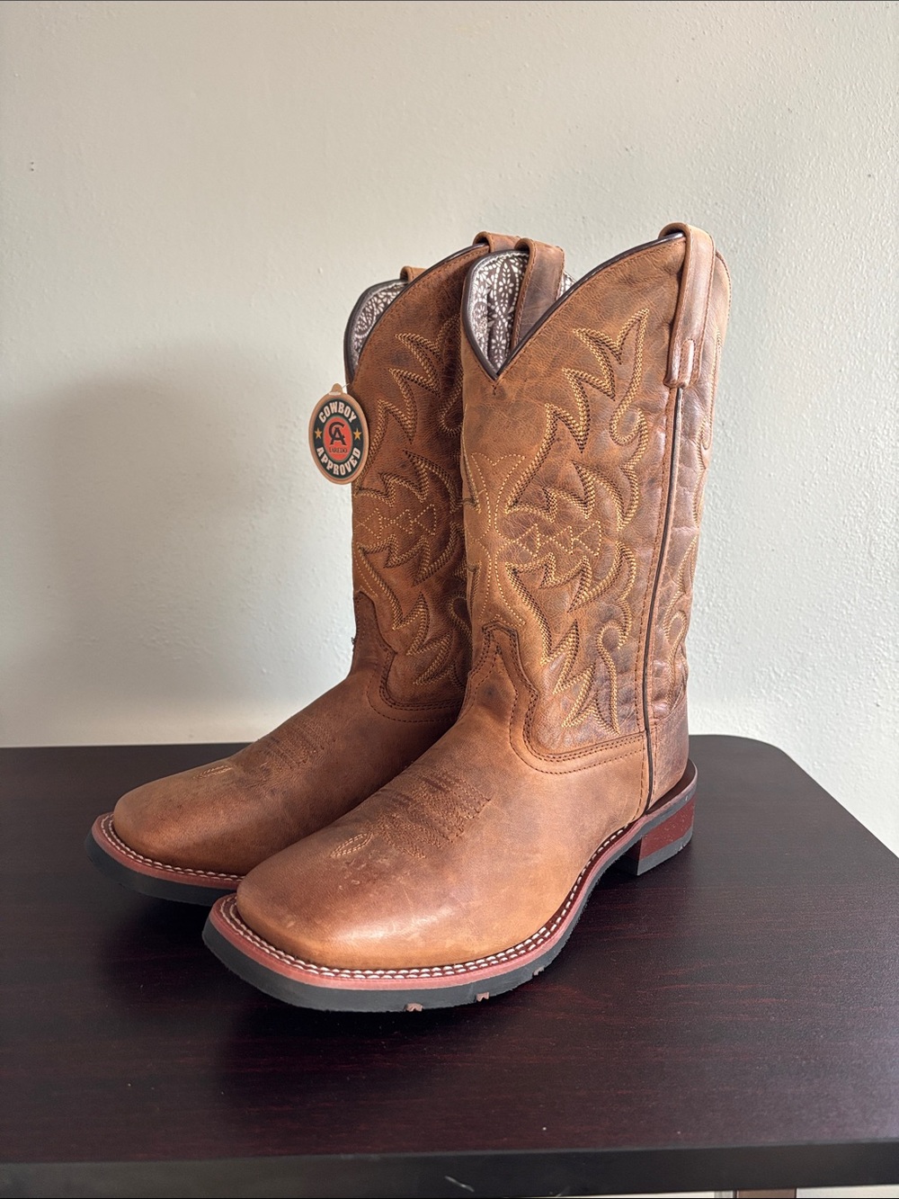Women Laredo Tan Brown Western Cowgirl Boots with Embroidered Shaft